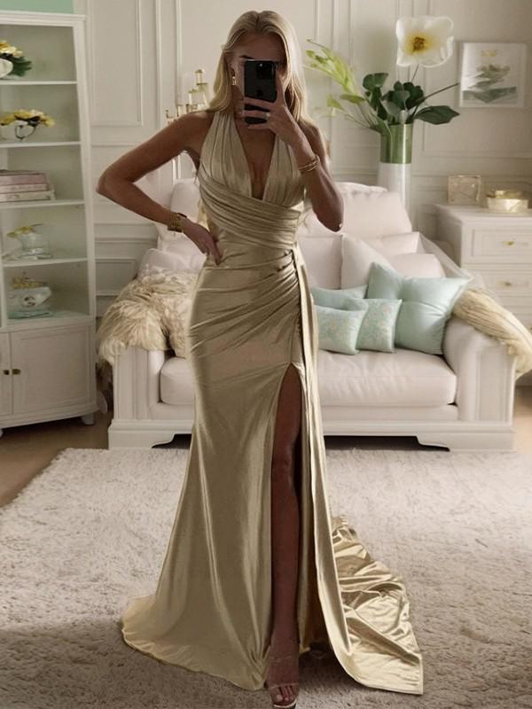 Yidibang robe en satin de soie avec jupe plissée à col serré et accessoire suspendu