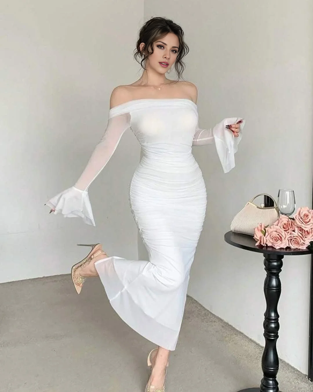 Robe de soirée longue transparente à manches longues et col à épaules dénudées Yidibang