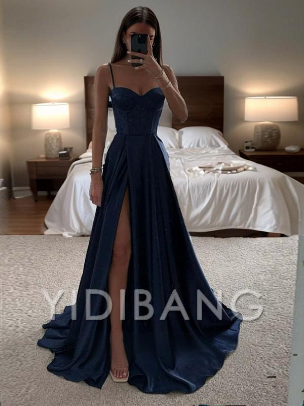 Yidibang A-Linien-Korsettkleid aus Seidensatin mit dünnen Schultergurten und Rüschensaum