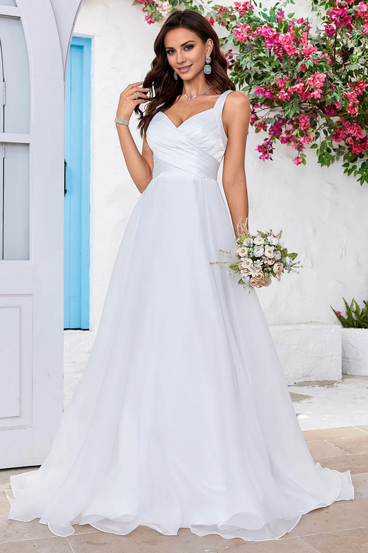 Princess low round neck simple organza long wedding dress