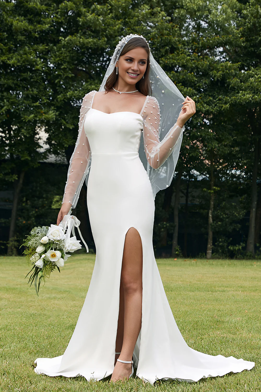 Ivory crow's feet square neck satin long sleeved slit wedding dress