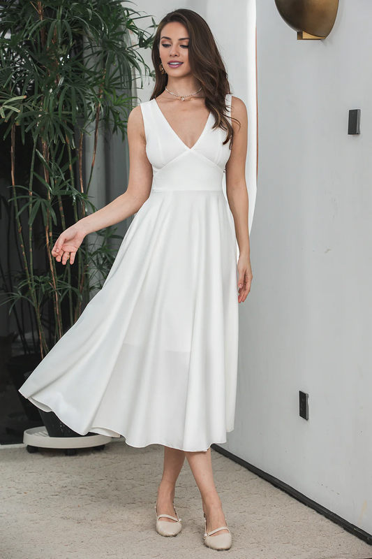 Simple white A-line V-neck backless long wedding dress