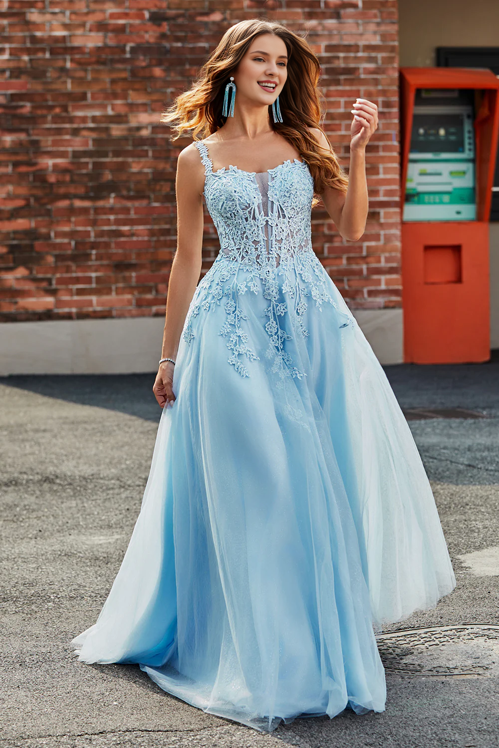 Hellblaues A-Linien-Tanzkleid mit schmalen Trägern und engem Korsett