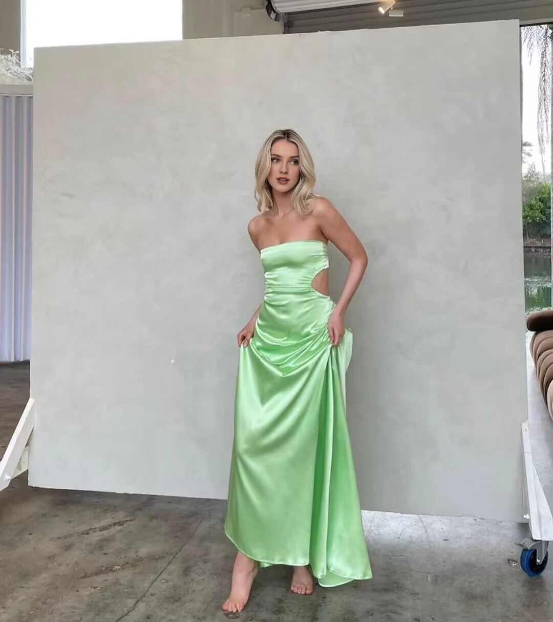 A-line strapless backless green and floor length godons evening dresses