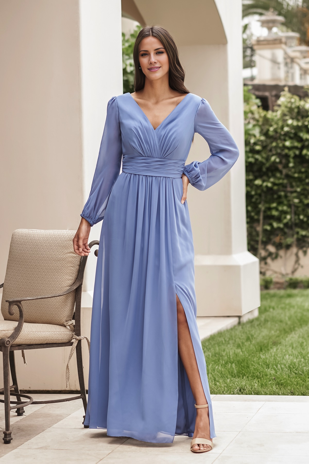 Robe de bal Yidibang à col en V, manches longues, dos nu, fente latérale et longueur au sol