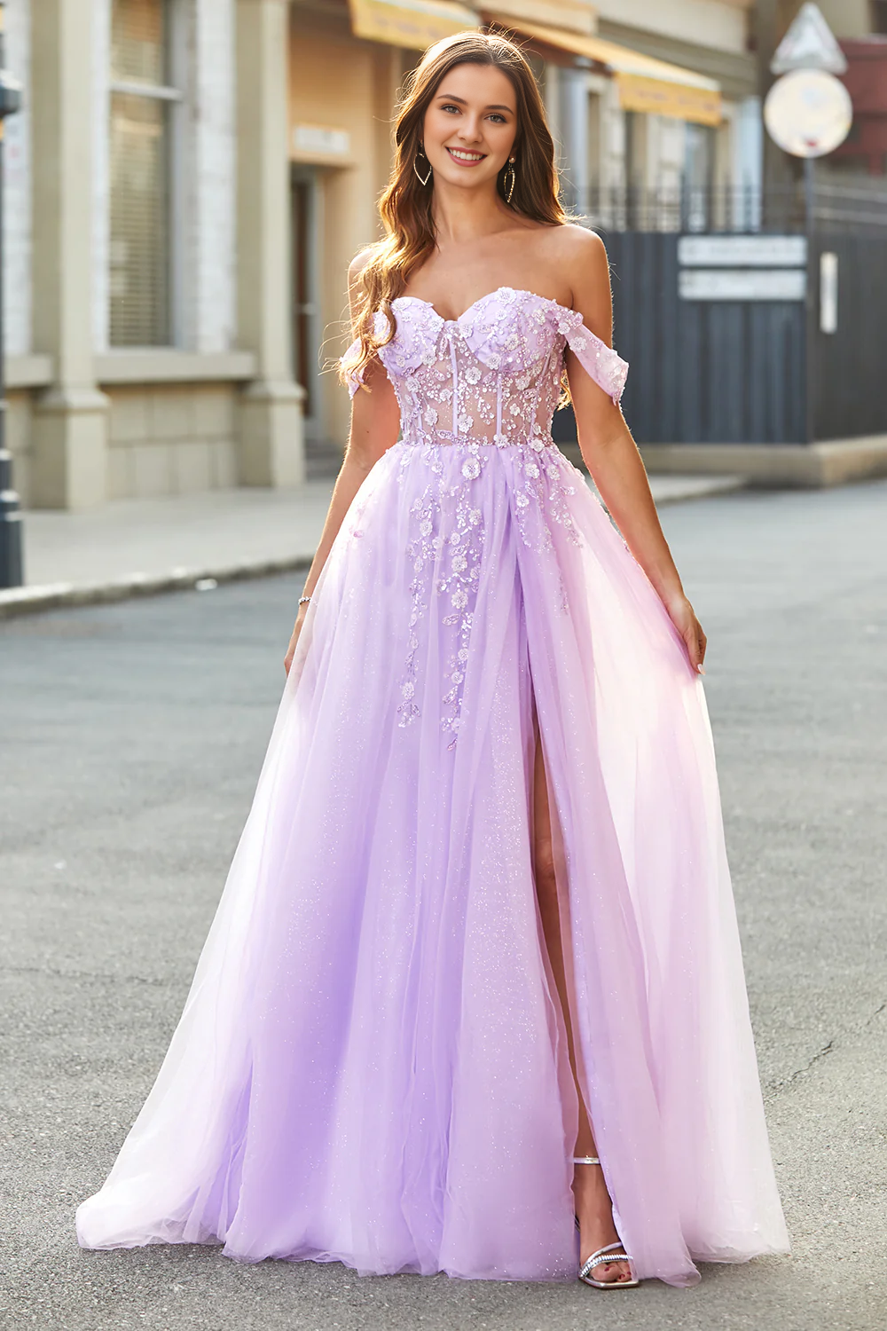 Lilafarbenes, schulterfreies, perlenbesetztes, langes, geschlitztes, enges Korsett-Ballkleid