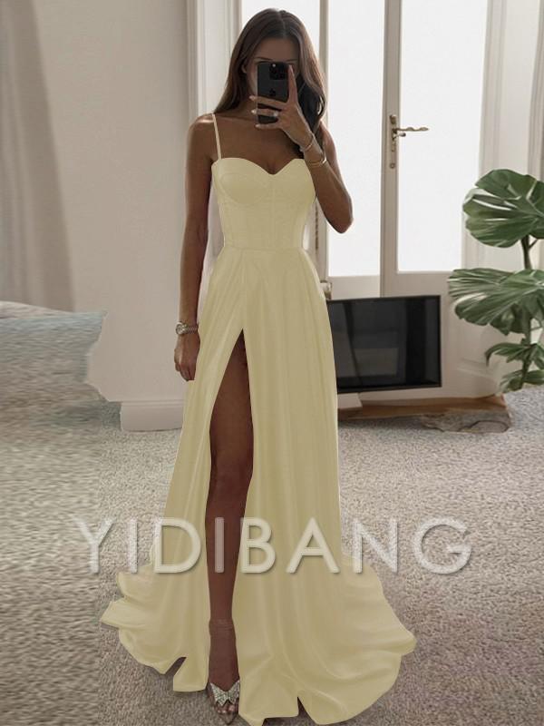 Yidibang A-Linien-Korsettkleid aus Seidensatin mit dünnen Schultergurten und Rüschensaum