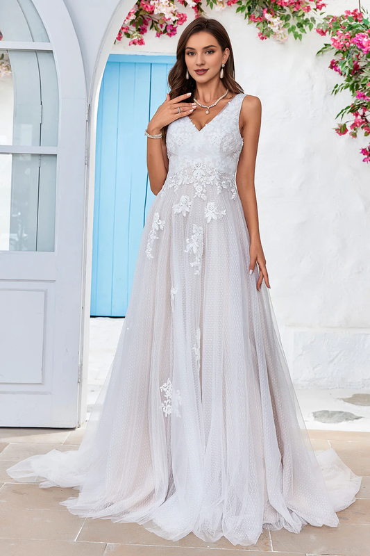 A Line lace chiffon sleeveless off shoulder sweeping trailing wedding dress
