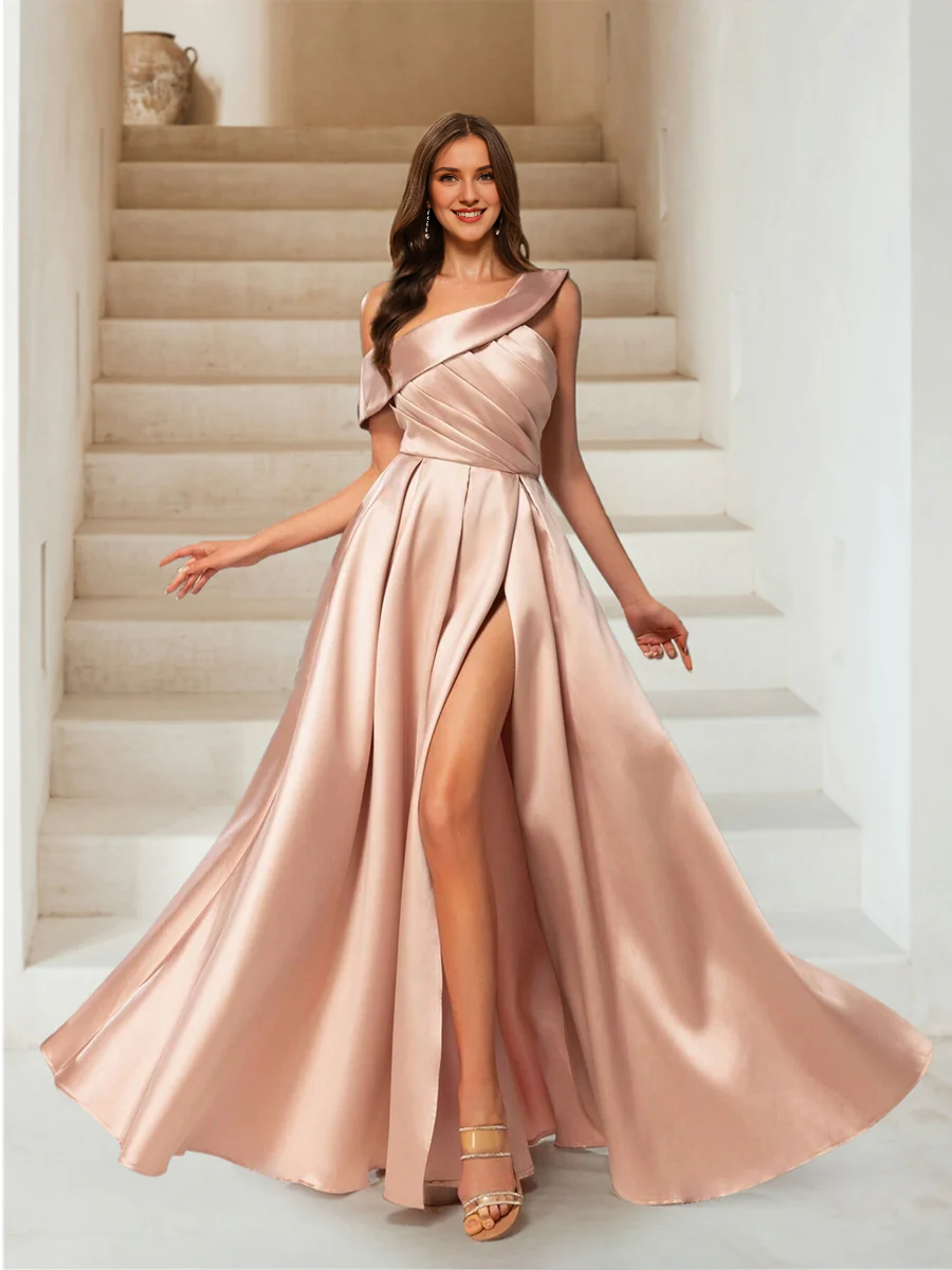 A-line/princess shoulder pleated slit and floor length gown evening dresses