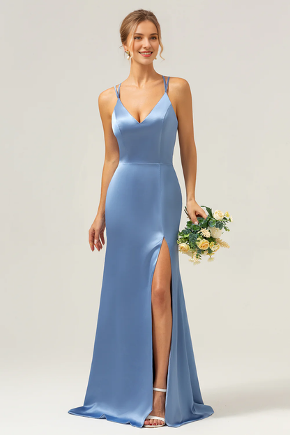 Fish tail thin shoulder strap long slit satin blue bridesmaid dress