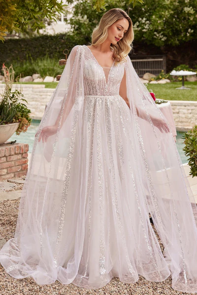 A-line layered chiffon deep V-neck sequined wedding dress