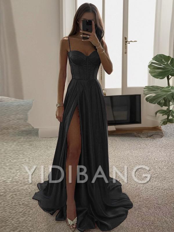 Yidibang A-Linien-Korsettkleid aus Seidensatin mit dünnen Schultergurten und Rüschensaum
