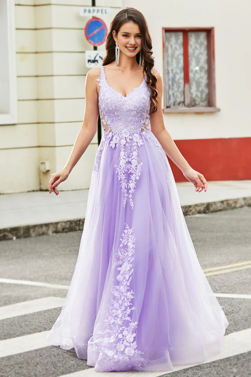 Gorgeous lilac A-line thin shoulder strap sheer long applique dance dress