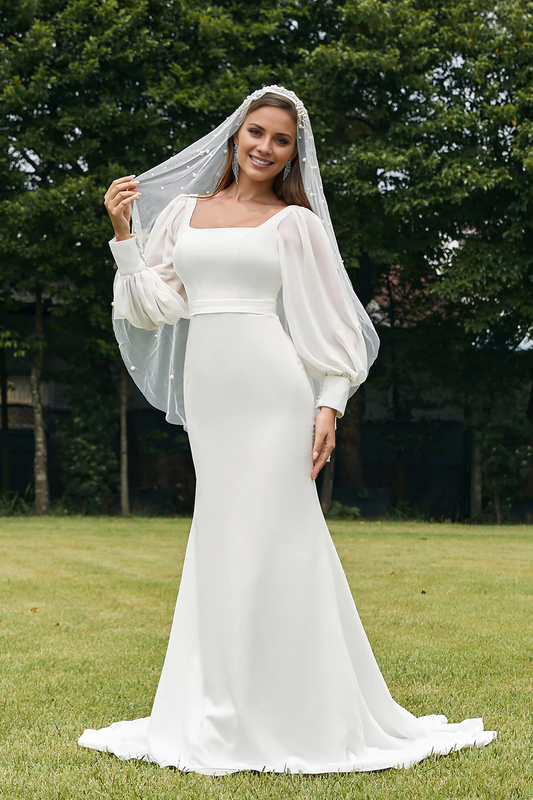 Ivory fish tail square neck chiffon long sleeved wedding dress