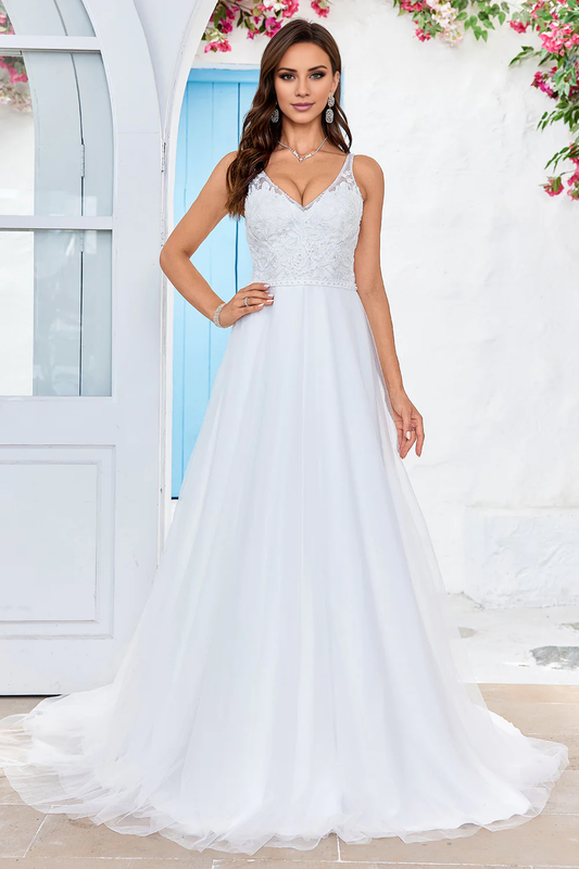 A-line thin shoulder strap V-neck lace chiffon sweeping and mopping the floor wedding dress