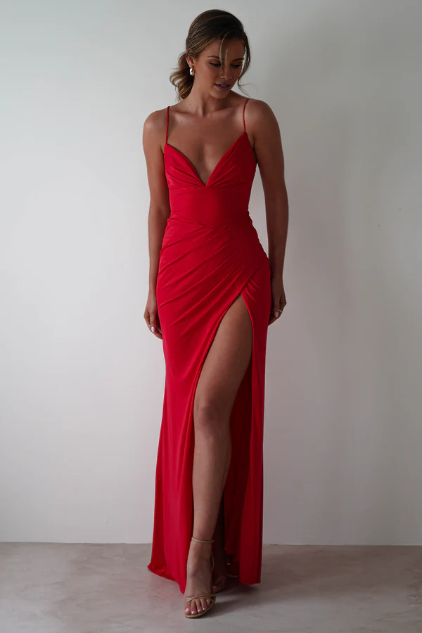 Robe de bal Yidibang à col en V, épaules dénudées, sans manches, fines bretelles, dos nu, fente latérale et longueur au sol