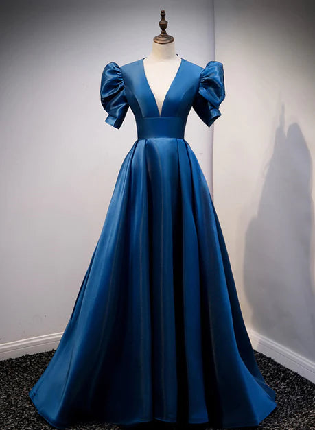 Robe de bal longue en satin bleu à manches courtes, robe de soirée bleue