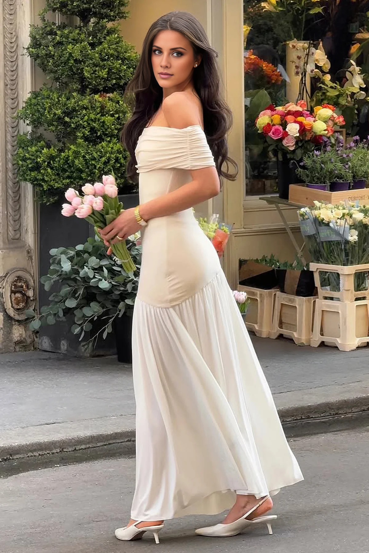 Robe de bal Yididbang à épaules dénudées, sans manches, dos nu et longueur au sol