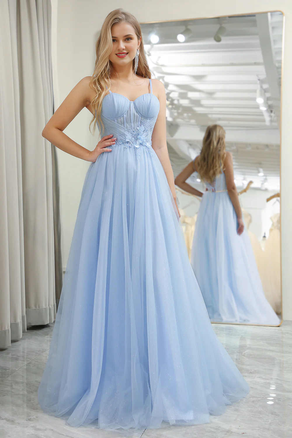 Light blue A-line shiny chiffon tight corset ball dress