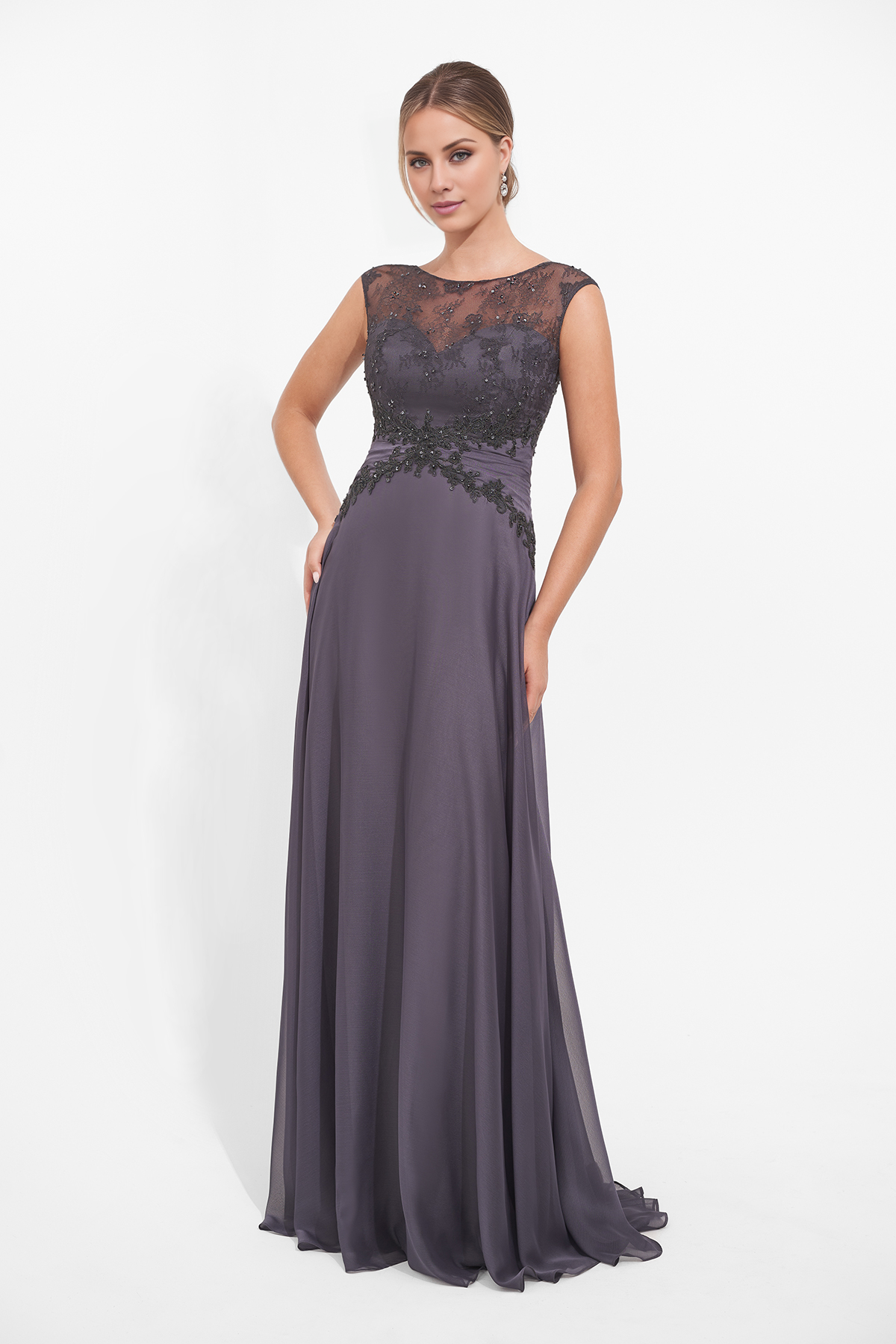 A-Linien-Kleid aus Chiffon, Spitze, Perlenfalten und bodenlangem Kleid für die Brautmutter