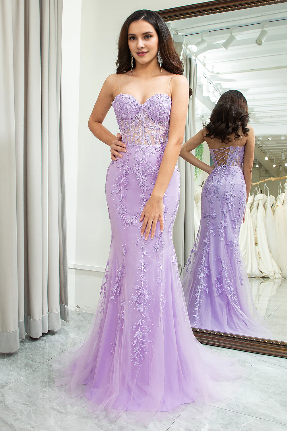Lila Meerjungfrau Sweetheart Perlen enge Korsett lange Applikation Ballkleid