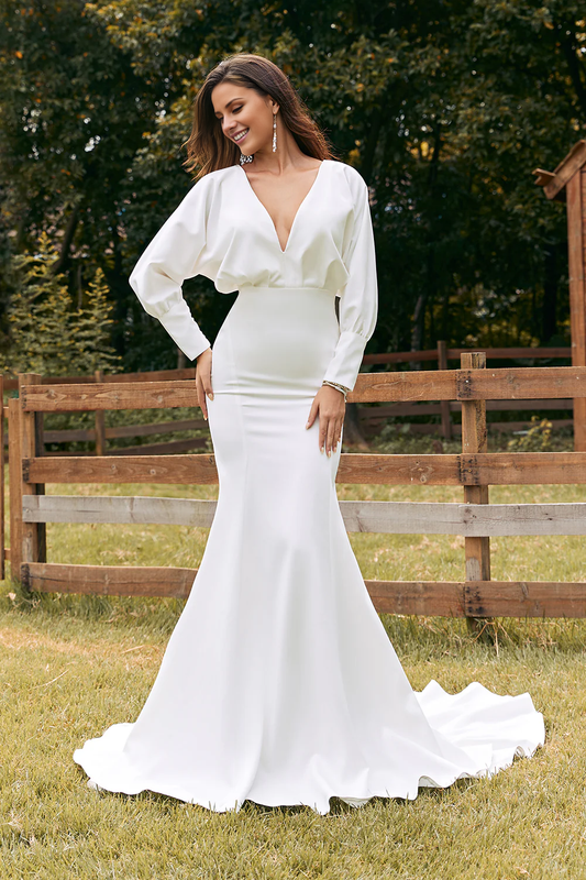 Simple ivory long sleeved fishtail satin wedding dress