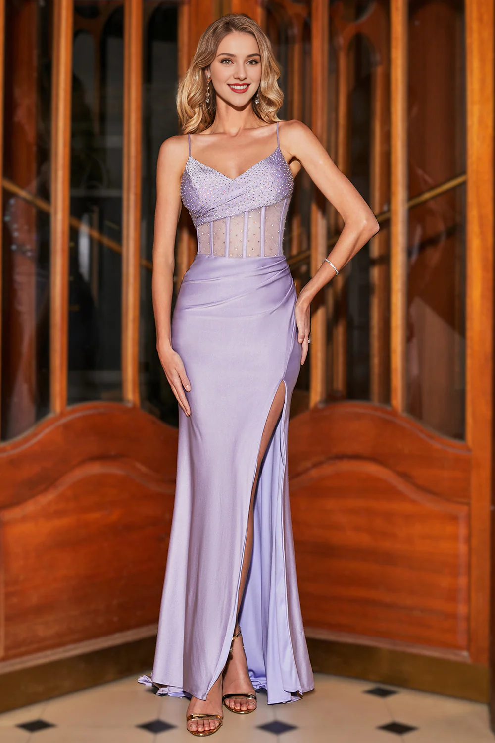 Robe de danse sirène à bretelles fines et à la mode, corset violet clair moulant avec fente sur le devant