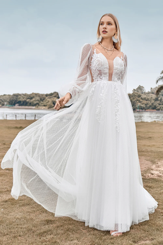A-link V-neck palace trailing chiffon long sleeved wedding dress