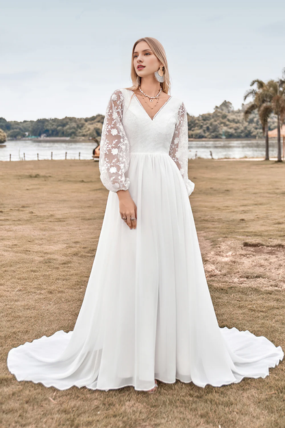 A-line trailing long sleeved lace chiffon bohemian wedding dress