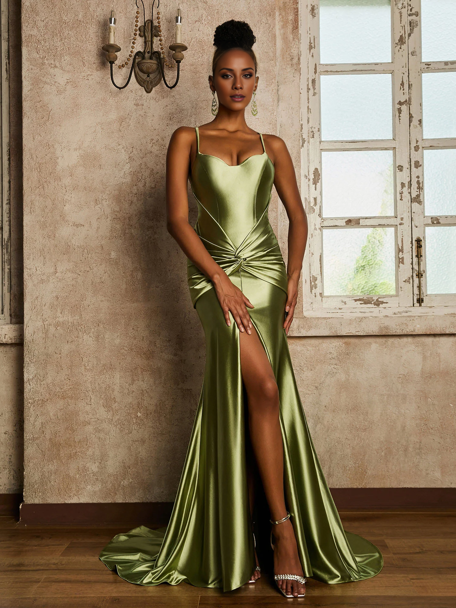 Waist pleated mermaid stretch satin dress - yidibang dress