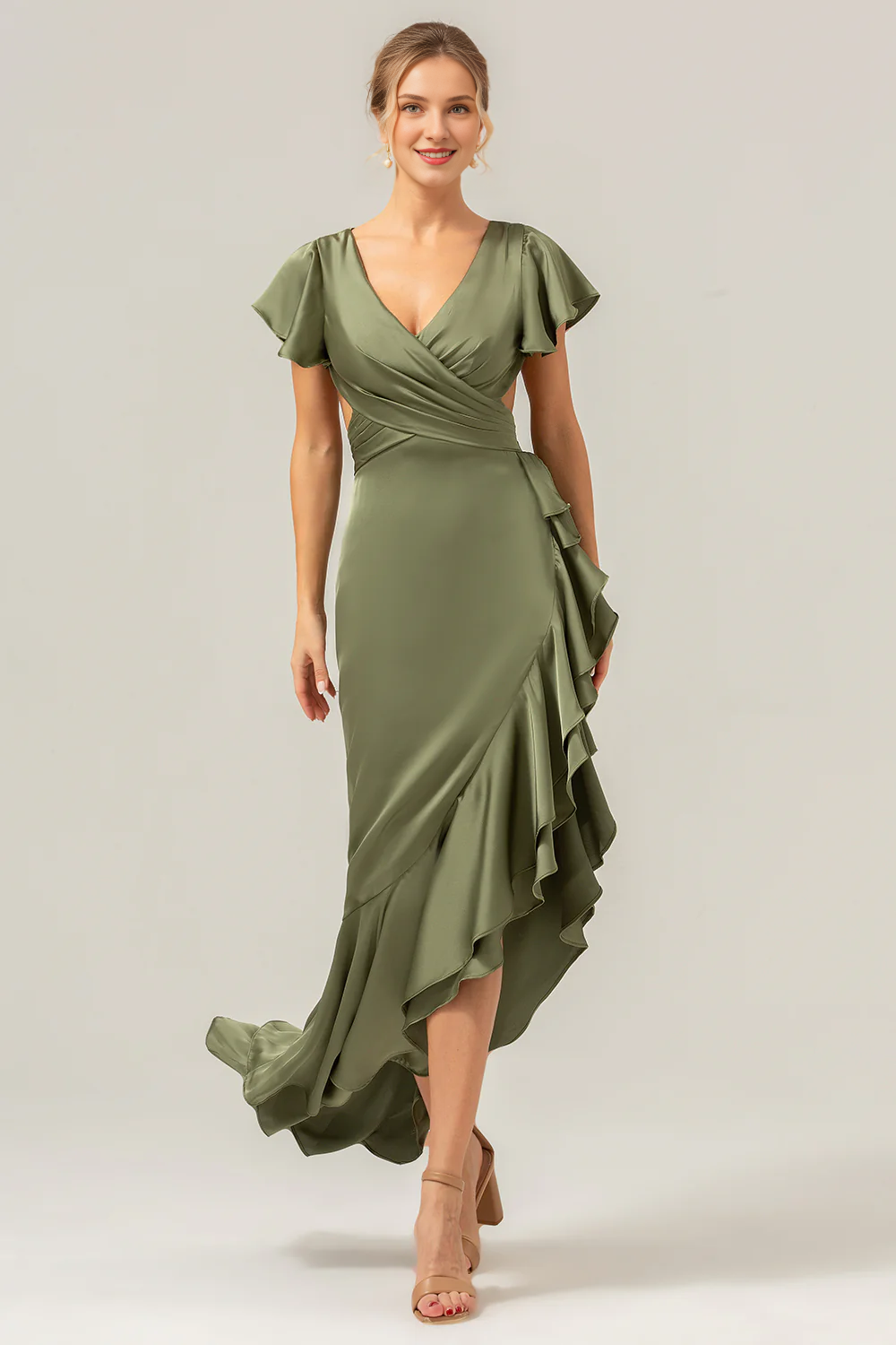 Robe de demoiselle d'honneur asymétrique à volants et col en V, couleur olive