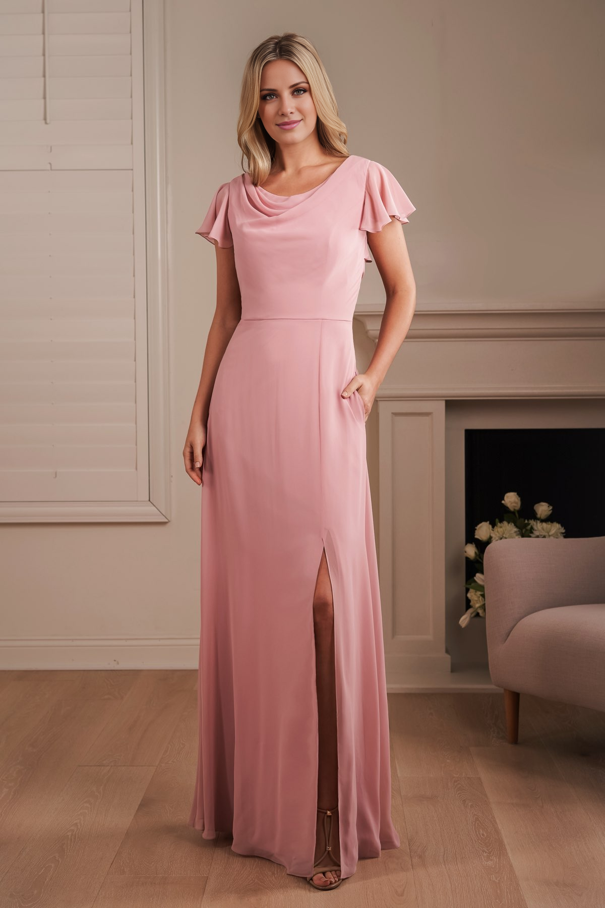 Robe de bal Yidibang à col foulard, manches courtes, dos nu, fente latérale et longueur au sol