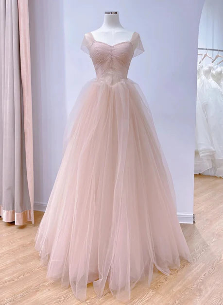 Rosa A-Linie transparentes Partykleid mit Perlenverzierung und schulterfreiem Rücken, rosa transparentes Abendkleid vom Boden bis zur Decke