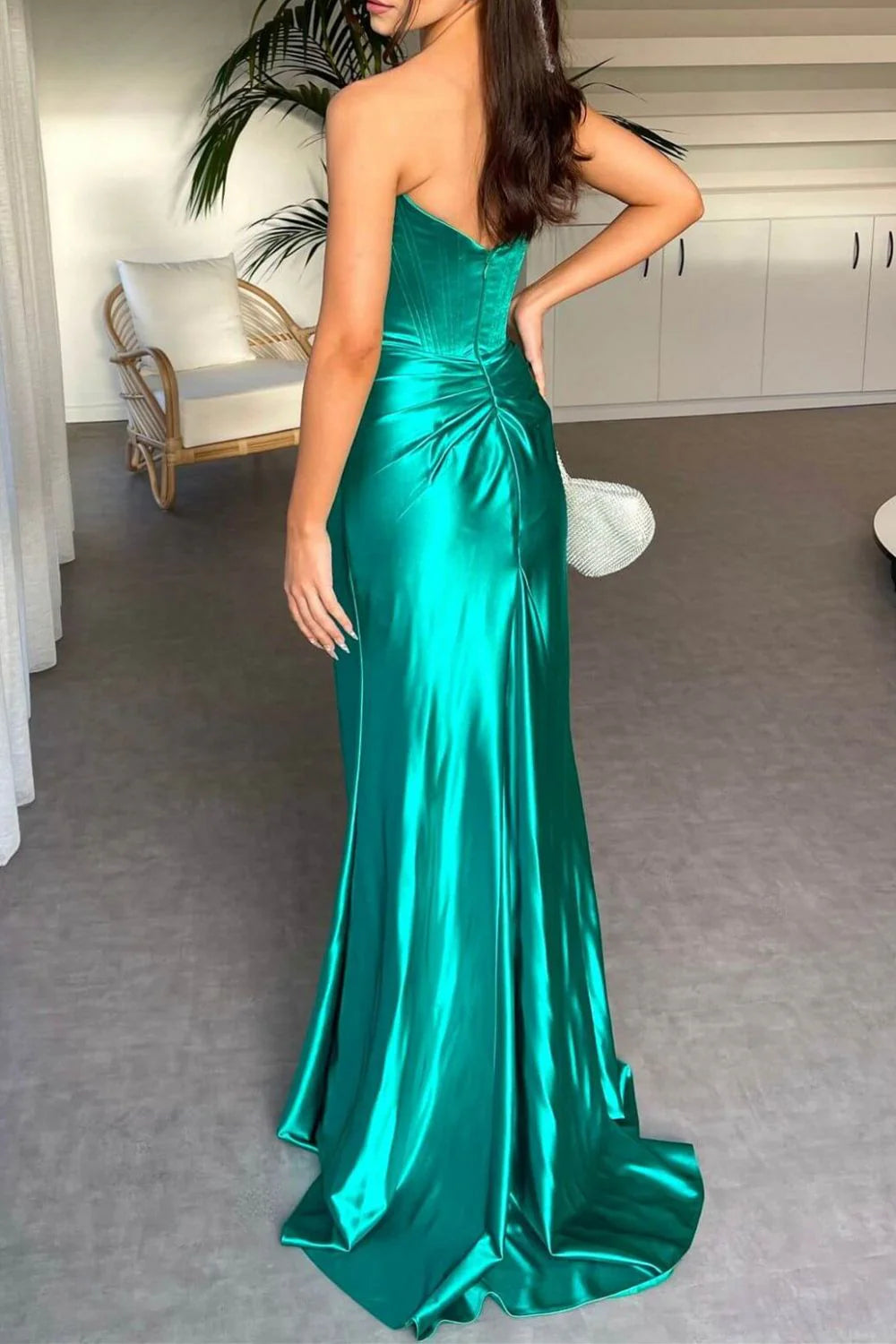 Unique front slit strapless navy blue tight fitting corset and floor length prom dress