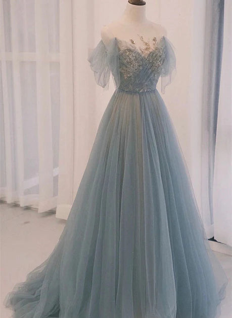 Robe de soirée trapèze bleue en dentelle avec appliques, robe de bal longue bleue à manches courtes et épaules dénudées