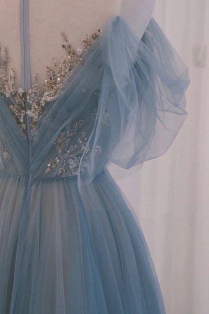 Robe de soirée trapèze bleue en dentelle avec appliques, robe de bal longue bleue à manches courtes et épaules dénudées