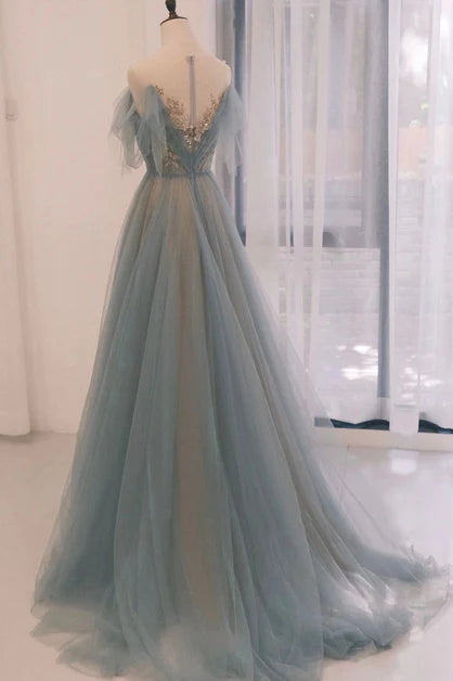 Robe de soirée trapèze bleue en dentelle avec appliques, robe de bal longue bleue à manches courtes et épaules dénudées