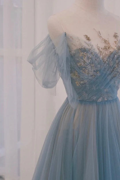 Robe de soirée trapèze bleue en dentelle avec appliques, robe de bal longue bleue à manches courtes et épaules dénudées