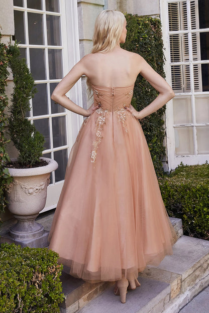 A-line strapless zipper embellishment embroidered tea long chiffon evening dress