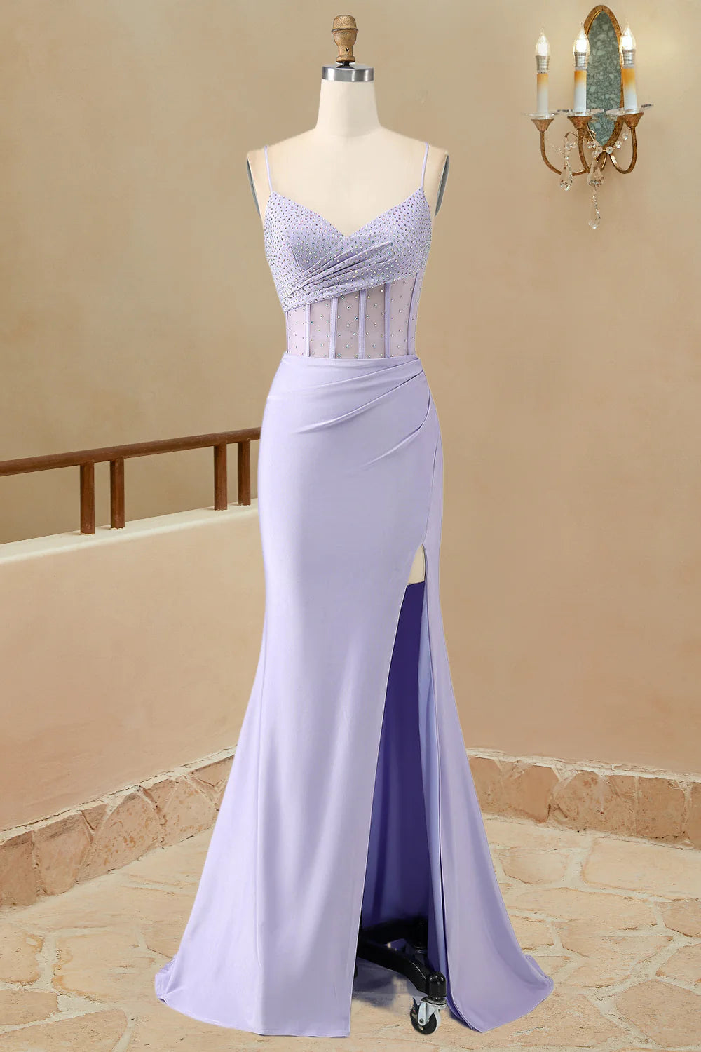 Prom Dresses Mermaid Spaghetti Straps Sain With Beading