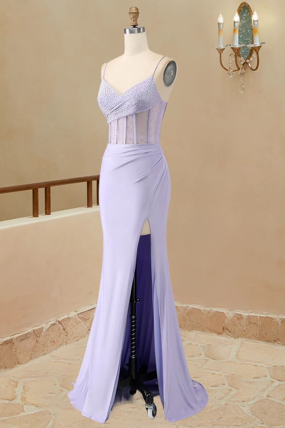 Prom Dresses Mermaid Spaghetti Straps Sain With Beading