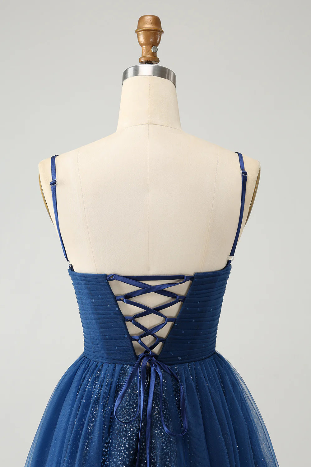 Robe de rentrée scolaire courte plissée à fines bretelles bleu marine scintillante, coupe trapèze, transparente et pailletée