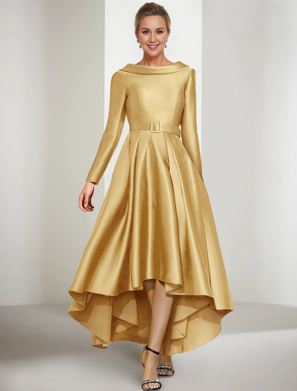 A-förmiges Brautmutterkleid eleganter Edelsteinkragen asymmetrischer Satin Langarmgürtel/Band 2024