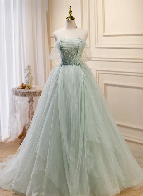 Luxuriöses, hellgrünes, süßes, langes Ballkleid mit transparenten Perlen, A-Linie, grünes, kurzärmeliges Ballkleid mit Schultergurten und Perlen