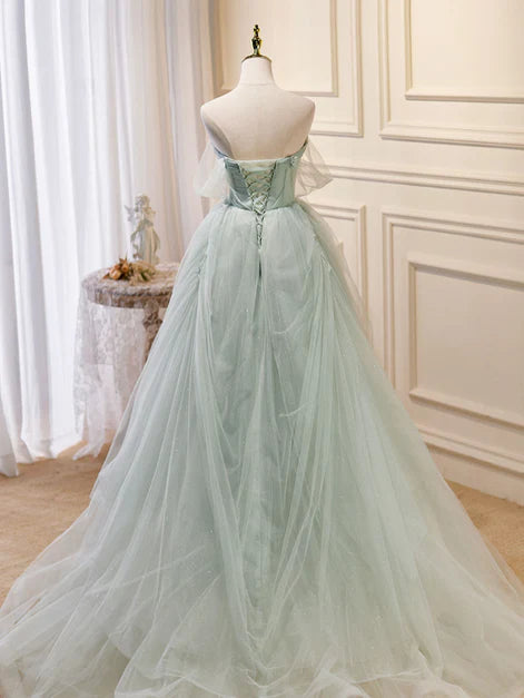 Luxuriöses, hellgrünes, süßes, langes Ballkleid mit transparenten Perlen, A-Linie, grünes, kurzärmeliges Ballkleid mit Schultergurten und Perlen