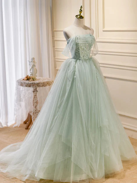 Luxuriöses, hellgrünes, süßes, langes Ballkleid mit transparenten Perlen, A-Linie, grünes, kurzärmeliges Ballkleid mit Schultergurten und Perlen