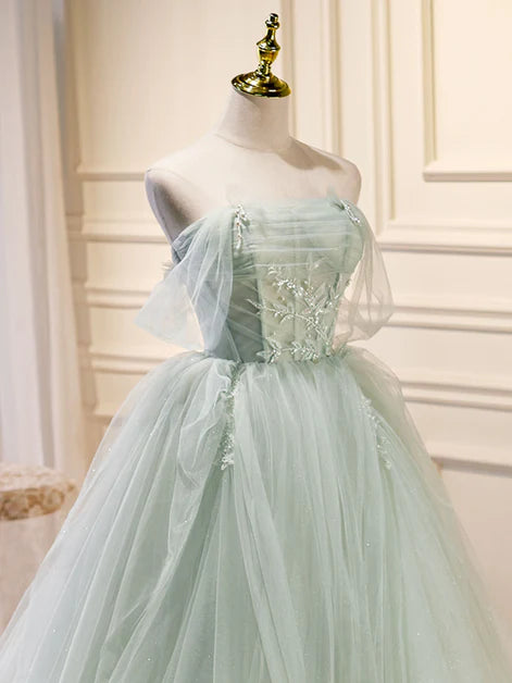 Luxuriöses, hellgrünes, süßes, langes Ballkleid mit transparenten Perlen, A-Linie, grünes, kurzärmeliges Ballkleid mit Schultergurten und Perlen