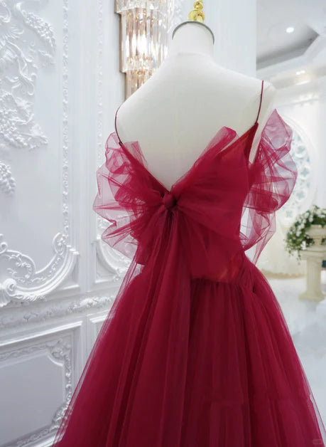Wine red sheer V-neck long suspender party dress, wine red sheer bow and ground party dress