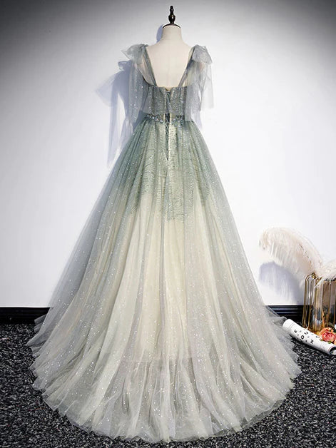 Grüne Tüllträger A-Linie Perlen langes Ballkleid, grünes Abendpartykleid