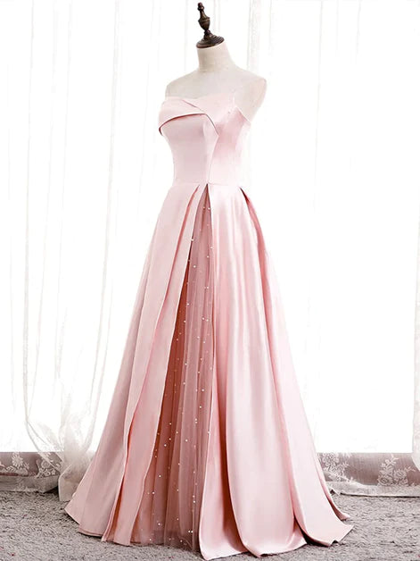 Trägerloses A-Linien-Ballkleid aus rosa Satin, langes Partykleid aus rosa Satin